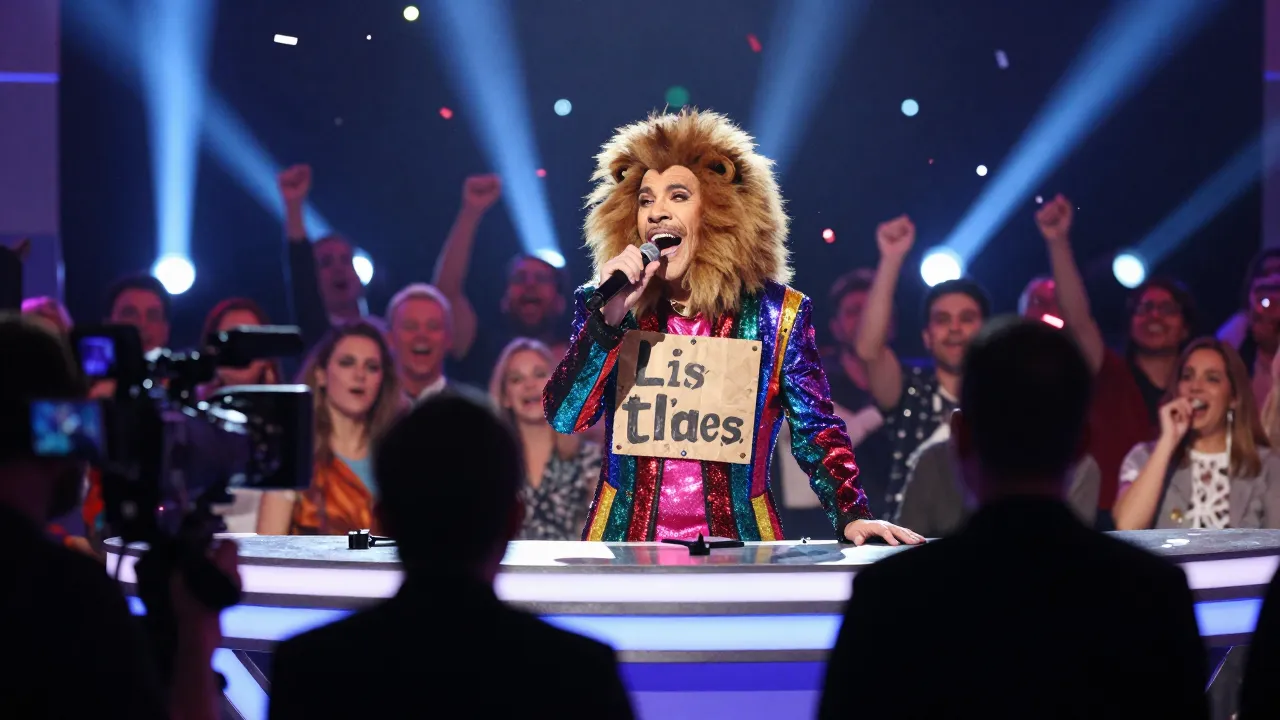 Exzentrischer Kandidat mit Löwenmähne singt auf einer hell erleuchteten Casting-Show-Bühne vor Jury und Publikum.