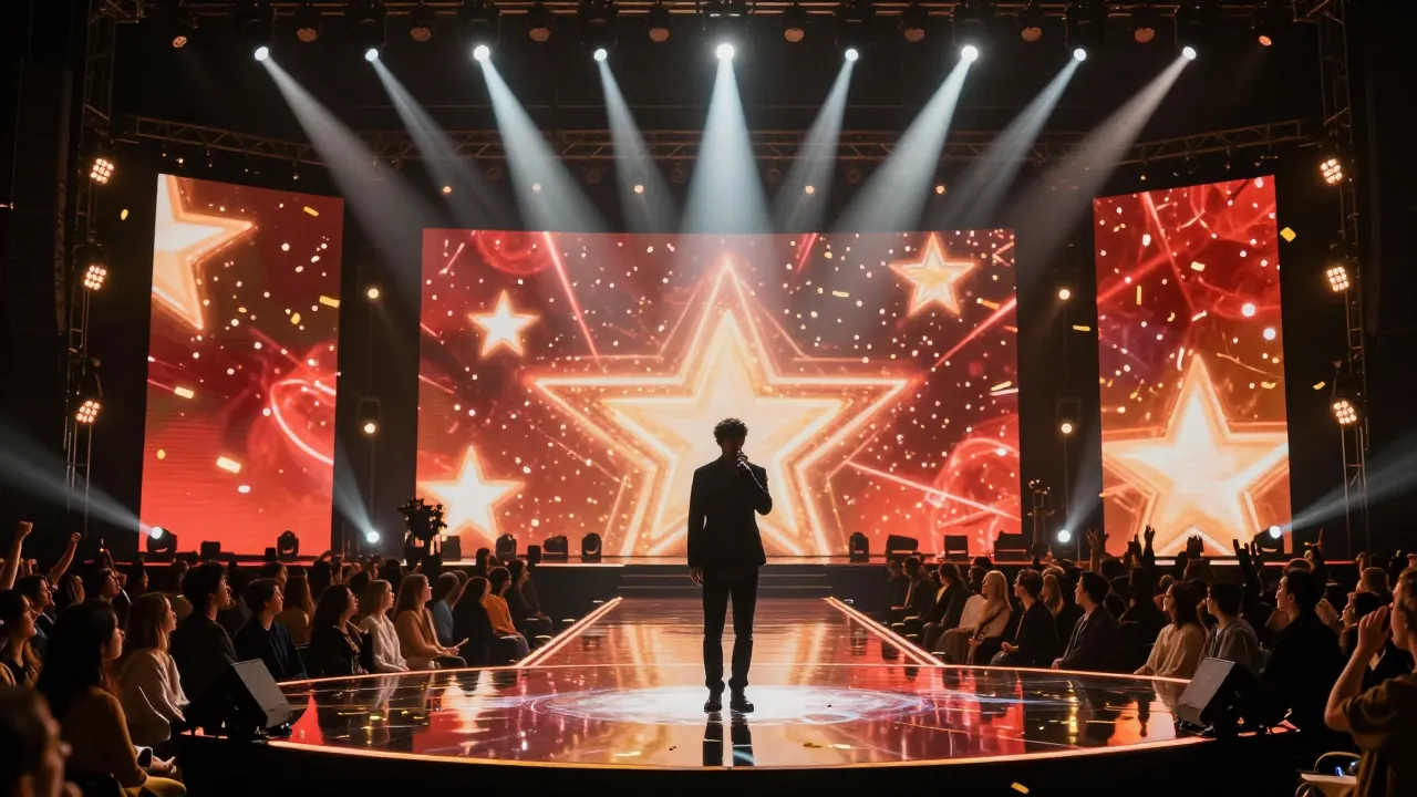 Große Castingshow-Bühne mit Scheinwerfern, jubelndem Publikum und einem singenden Kandidaten im Rampenlicht