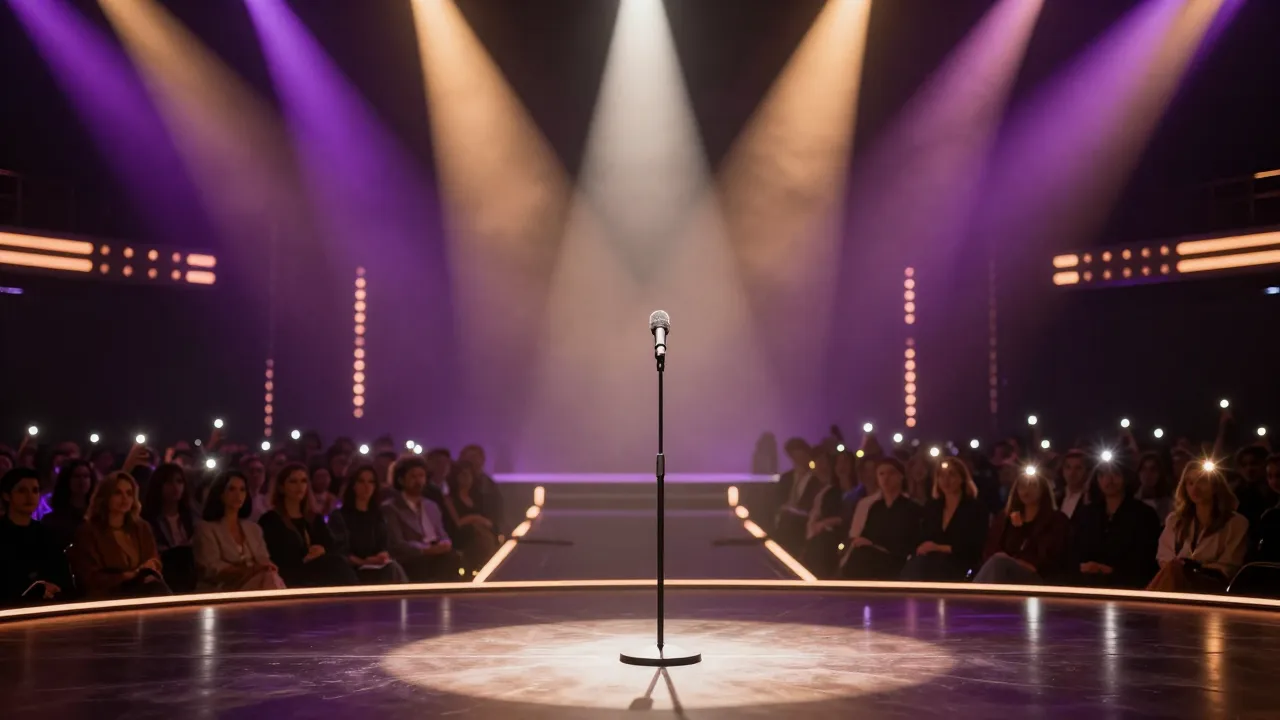 Junge Sängerin auf der DSDS-Bühne vor einer LED-Wand mit Songlisten und jubelndem Publikum