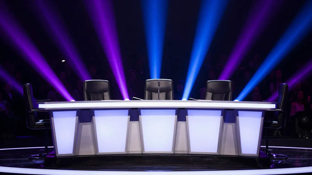 DSDS-Kandidat auf der Bühne einer Juroren-Mottoshow unter bunten Scheinwerfern